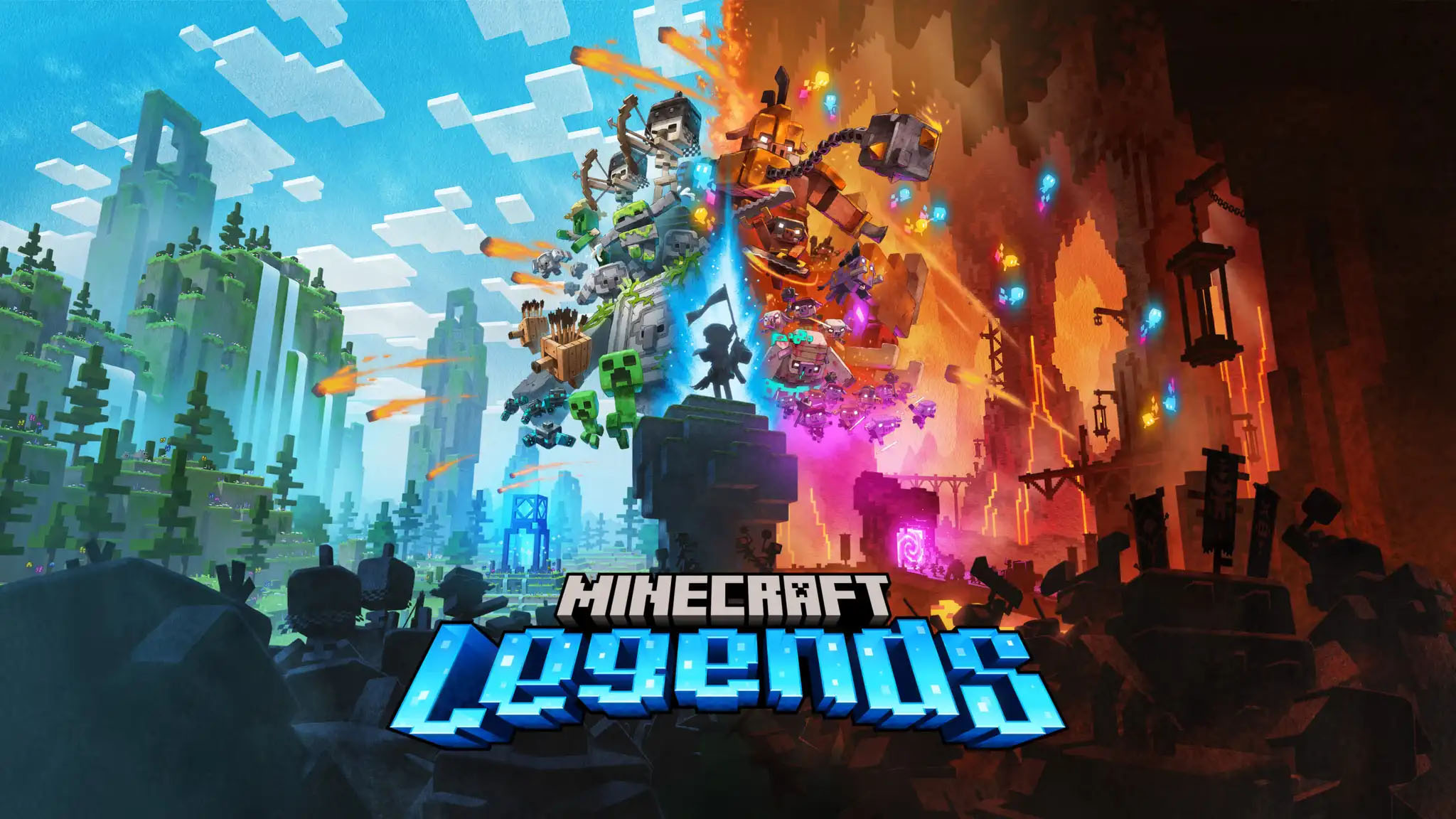 Discover the mysteries of Minecraft Legends. In this action strategy game. Explore a gentle land of rich resources and lush biomes on the brink of destruction. The ravaging piglins have arrived, and it’s up to you to form alliances with new friends and familiar mobs, then lead the charge in epic battles against the fierce piglins to defend the Overworld. You can challenge your friends or team up in intense battles in online play for up to eight players, as you defend your village while leading your units to destroy your opponents’ settlements.