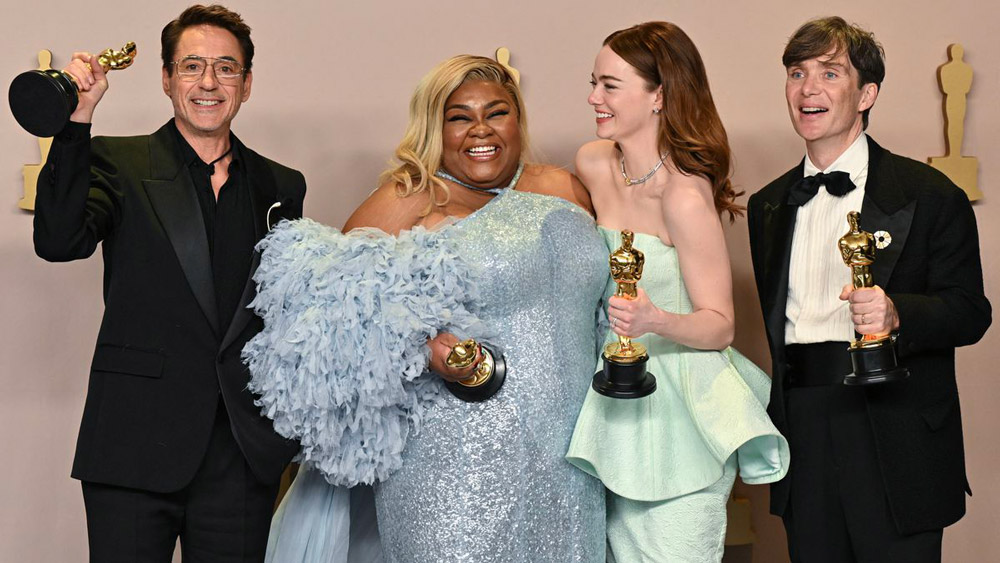 Four very happy acting category winners: Robert Downey, Jr., Da’Vine Joy Randolph, Emma Stone, and Cillian Murphy.