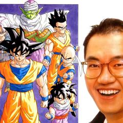 Akira Toriyama next to an illustration of the main characters of Dragonball