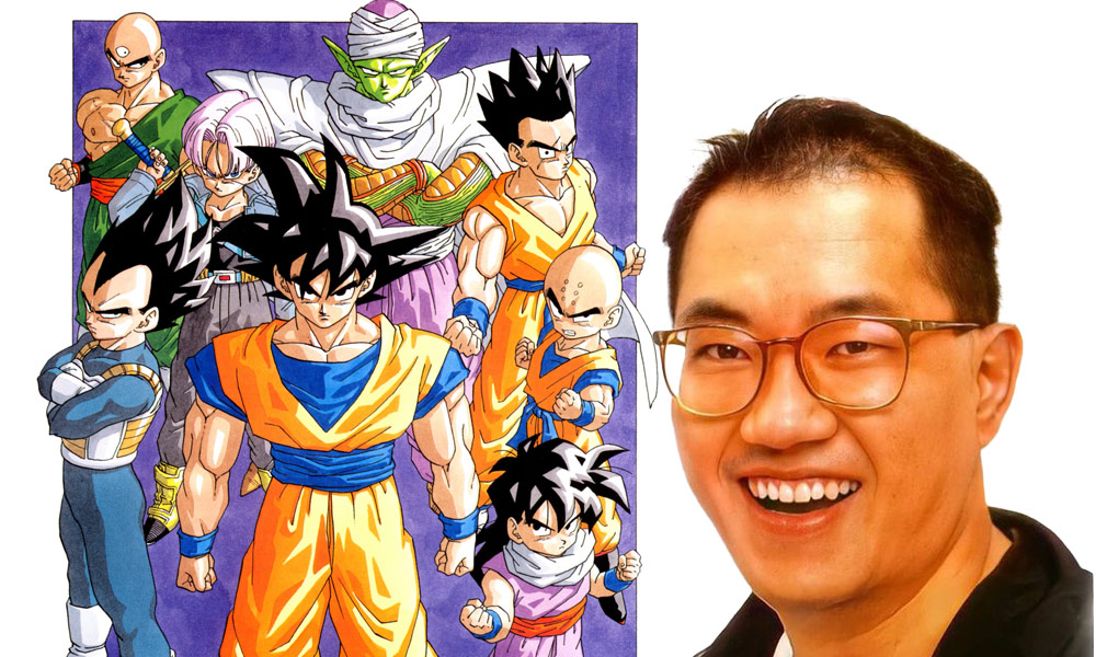 Akira Toriyama next to an illustration of the main characters of Dragonball