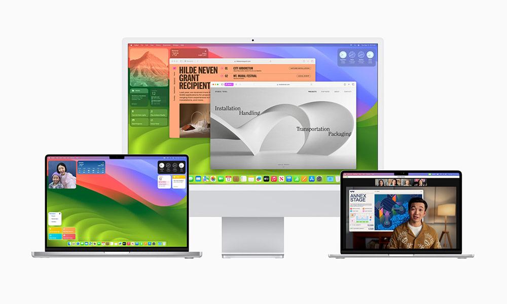 Mac OS Sonoma running on two laptops and an iMac that sits in the middle 
