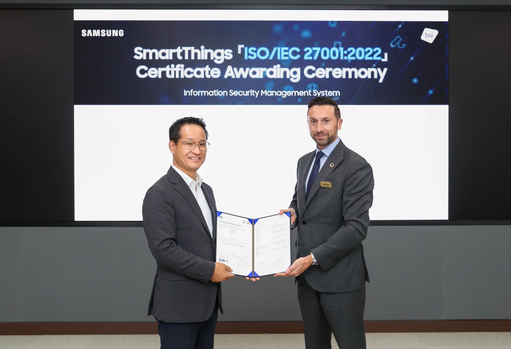 Samsung smart things executives getting ISO 27001 certification. 