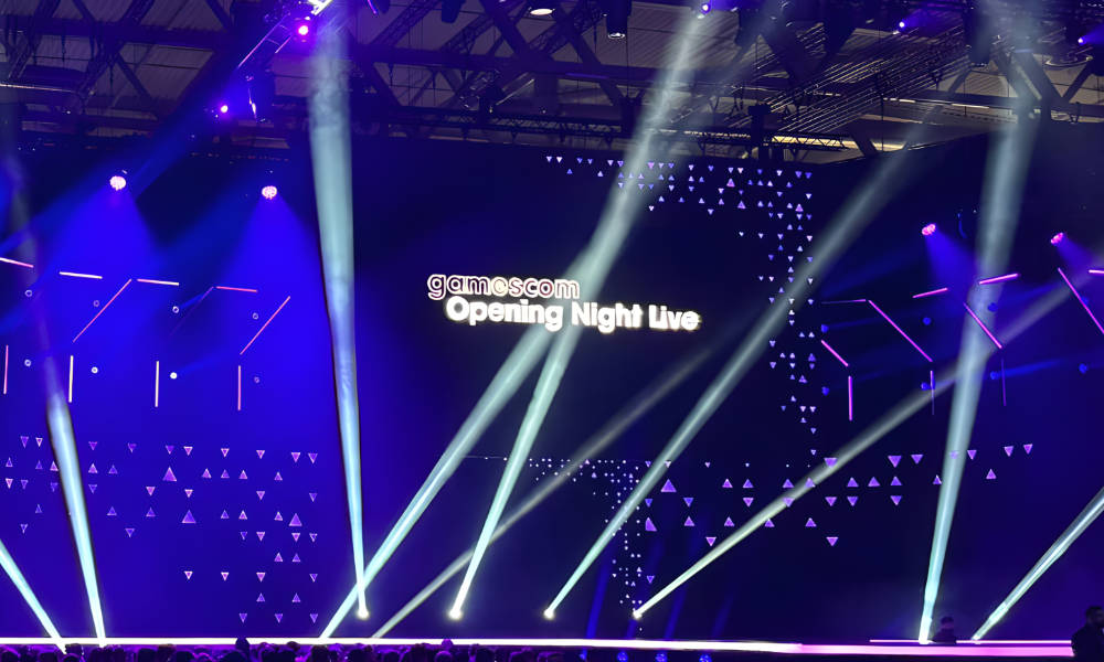 ONL logo on the stage with impressive lighting and blue hues