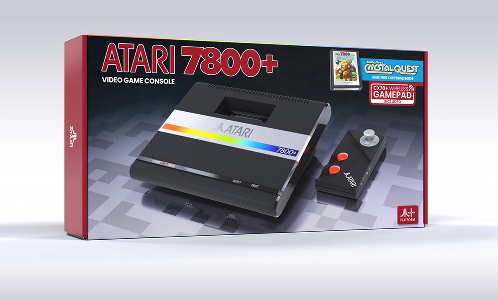 The box of Atari 7800+ with red sides, photos of the console and controllers. 