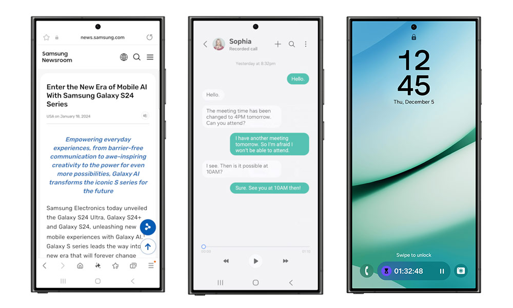 Samsung phones showing UI features