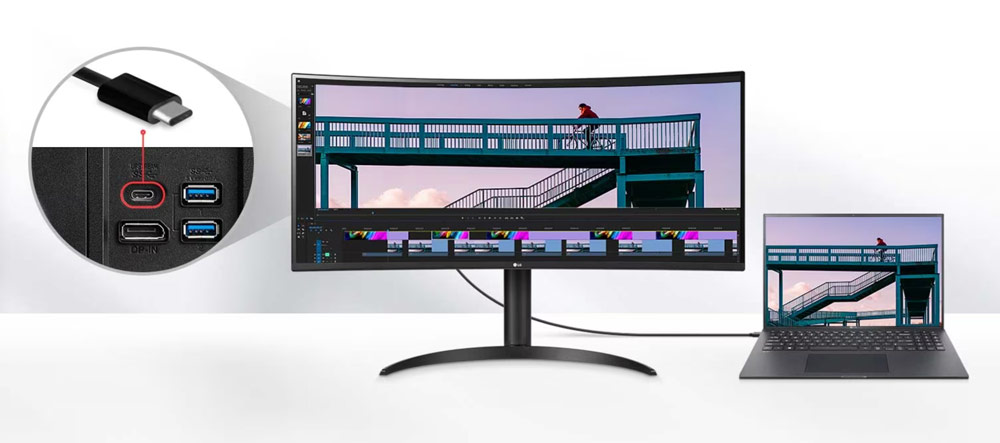 Connect with confidence. Along with USB Type C™ , this UltraWide monitor has two HDMI ports, two USB ports, a DisplayPort and headphone jack.