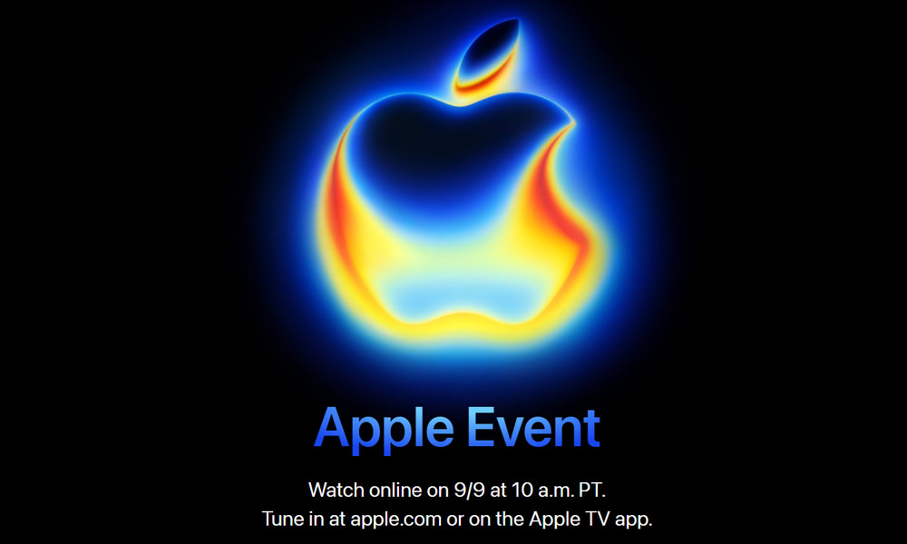Apple event details from the site. "Watch online on 9/9 at 10AM PT. Tune in at apple.com or on the Apple TV App"