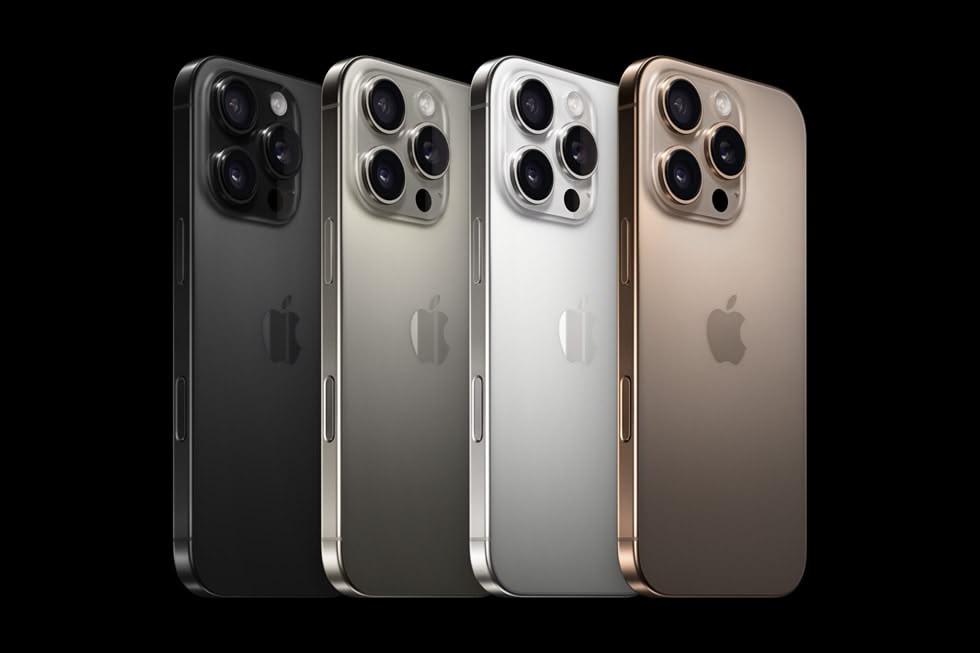 Family of iPhone 16 Pro phones in different colours