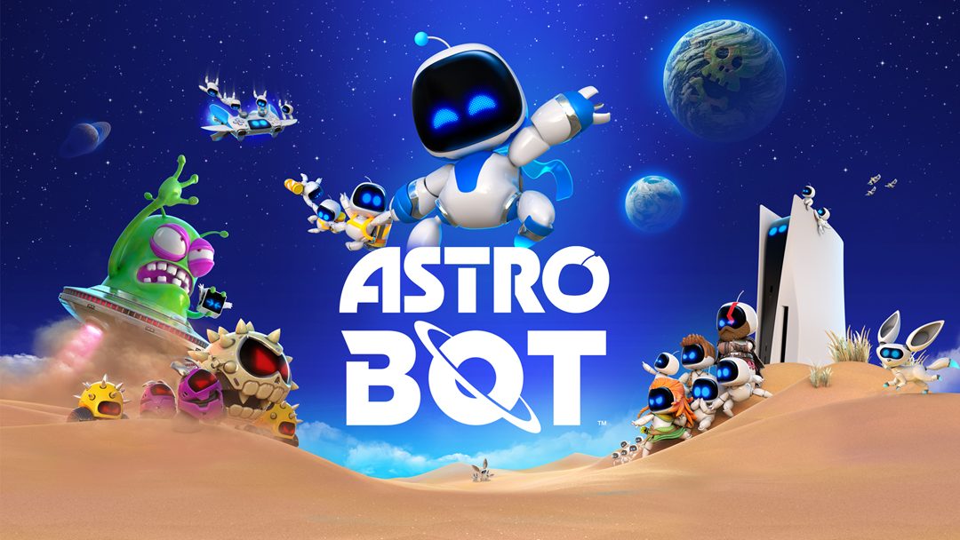 Astrobot key visual where the robot is circled with various characters and objects from the game