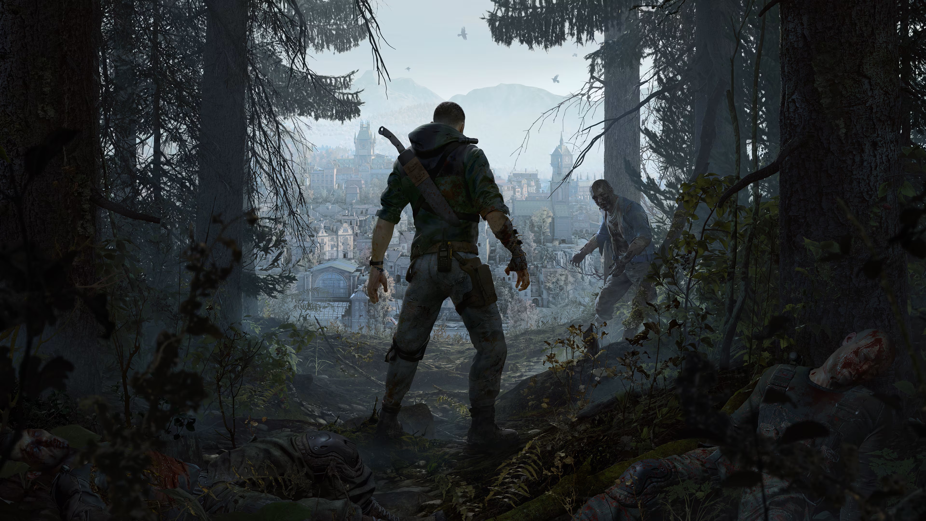 Dying light the beast the main character in front of a path overlooking a devastated city