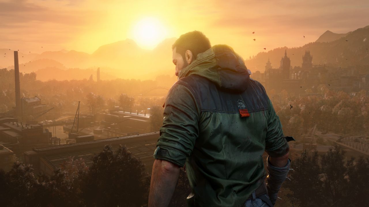 Dying Light the Beast main character overlooking a city in the sunset