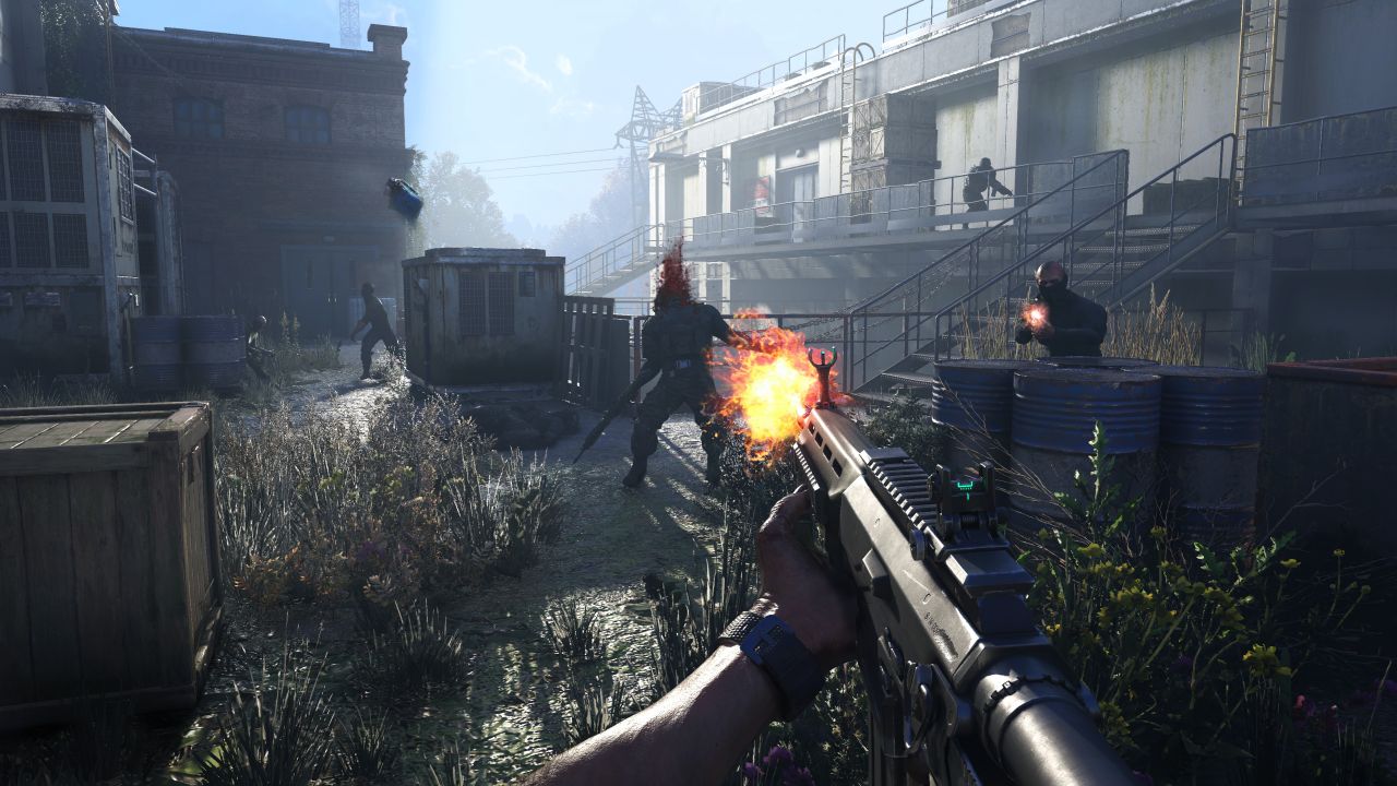 Scene where a player fires a gun to a bunch of other players