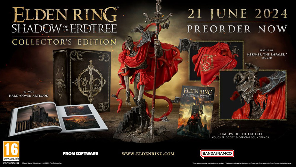 ELDEN RING Shadow of The Erdtree Collector’s Edition includes the ELDEN RING Shadow of the Erdtree expansion code, a 46cm statue of "Messmer the Impaler", one of the key boss characters in Shadow of the Erdtree, an art book, and a download voucher for the original soundtrack. 