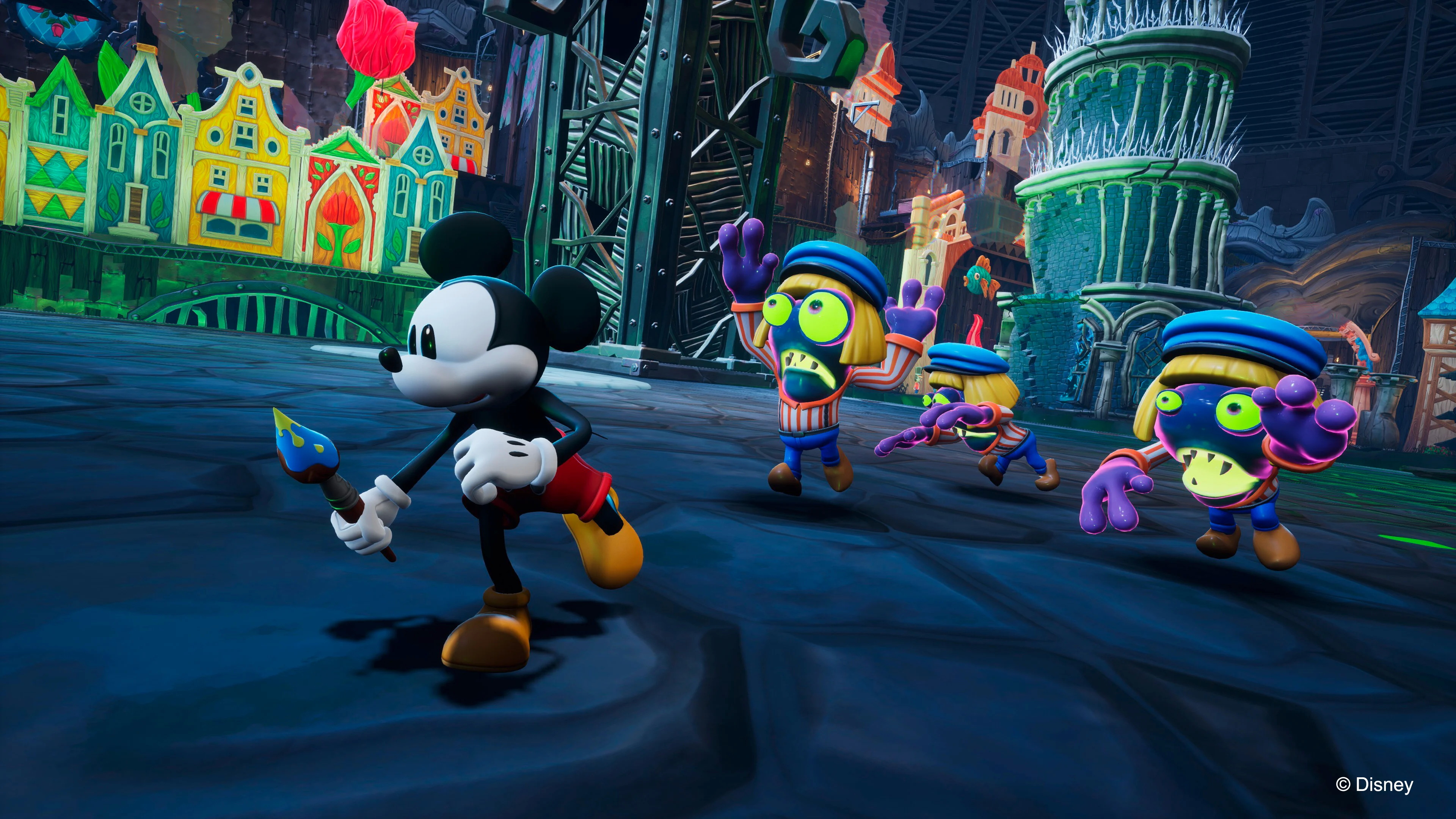 Mickey running away from googly eyed baddies