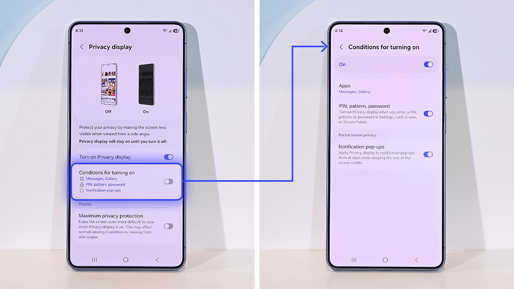 Users can also assign the Privacy Display to the side button’s double-press function for greater convenience. Even when viewed from the side, content stays concealed — making it especially useful on crowded public transportation or in elevators.