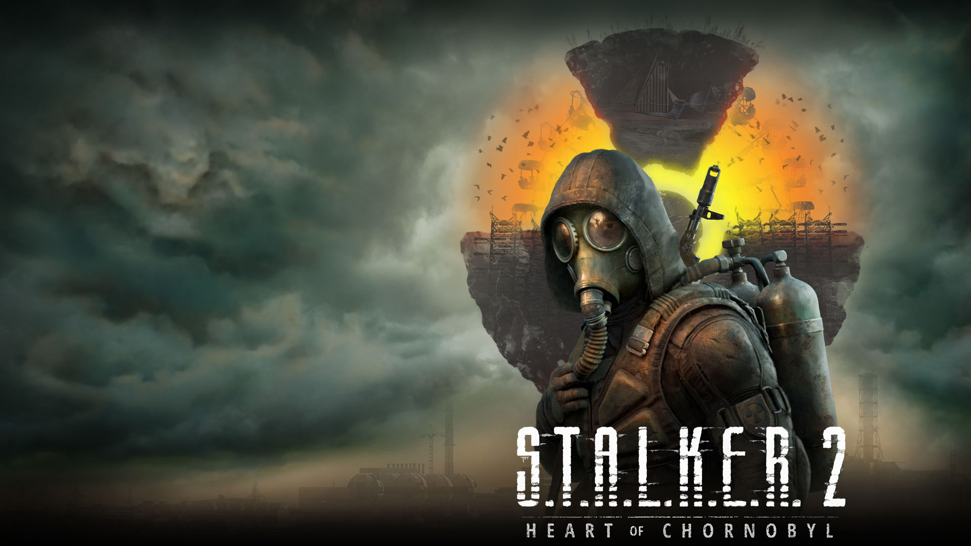 STALKER 2 key visual with a person wearing a gas mask and bearing arms in front of a toxic symbol