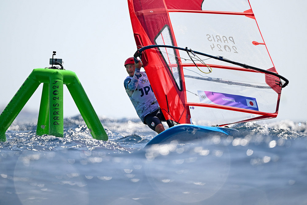 Galaxy S24 Ultra installed on a buoy on the water as Makoto Tomizawa of Team Japan competes in the Men’s Windsurf iQFoil class on day four of the Olympic Games Paris 2024 at Marseille Marina on July 30, 2024 in France. (Photo by Clive Mason / Getty Images)