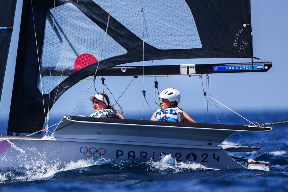 Galaxy S24 Ultra smartphones installed on the boat of Odile Aanholt and Annette Duetz of Team Netherlands as they compete on their way to gold in Women’s Skiff 49erFX class medal race on day seven of the Olympic Games Paris 2024 at Marseille Marina on August 02, 2024 in France. (Photo by Phil Walter / Getty Images)