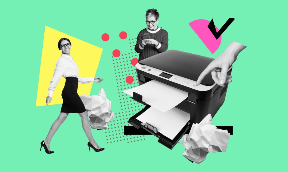 2 woman printing with happy faces 