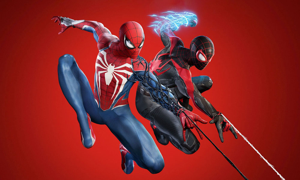 Spider-Man (peter parker) And Spider-Man (Miles Morales) in front of a solid red background