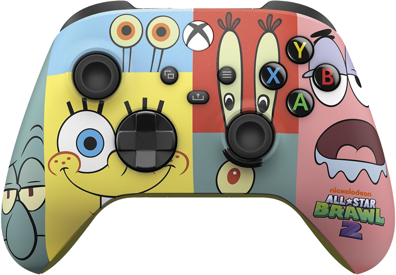 An Xbox Wireless Controller decorated with the likenesses of Squidward, Gary, Mr. Krabs, and more