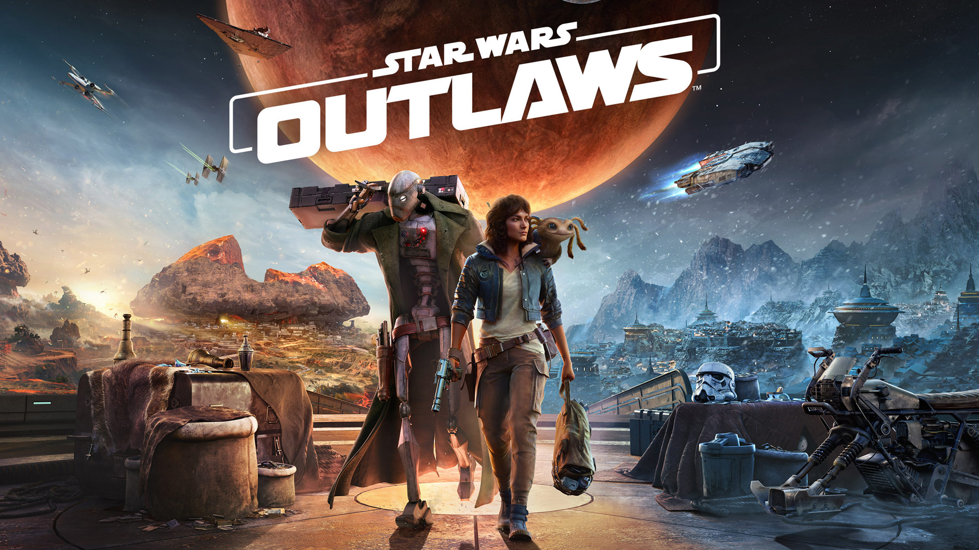 Star wars outlaws showing the two main protagonist. One of them is a silver robot, the other is a woman. Both carrying weapons and a little creature. 