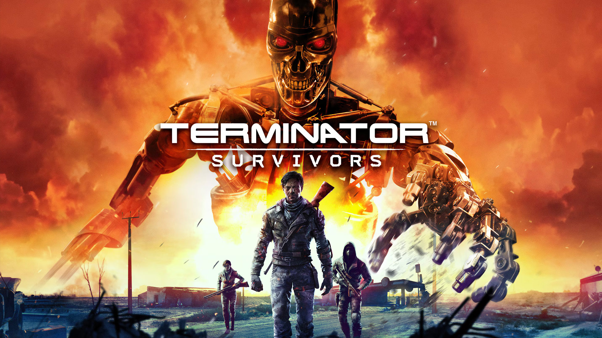 Terminator survivors key visual. A shiny silver deadly looking metallic robot is in front an orange background and the hero is beneath the logo, looking determined.