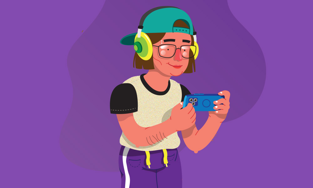 KV gamer. A person holding his smartphone, possibly playing a video game