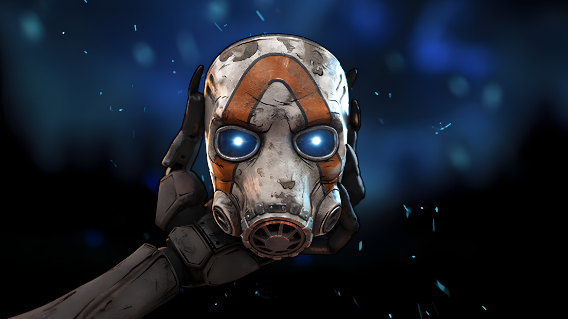 A mechanical hand holding a mask with glowing eyes in deep blue background with light blue sparks