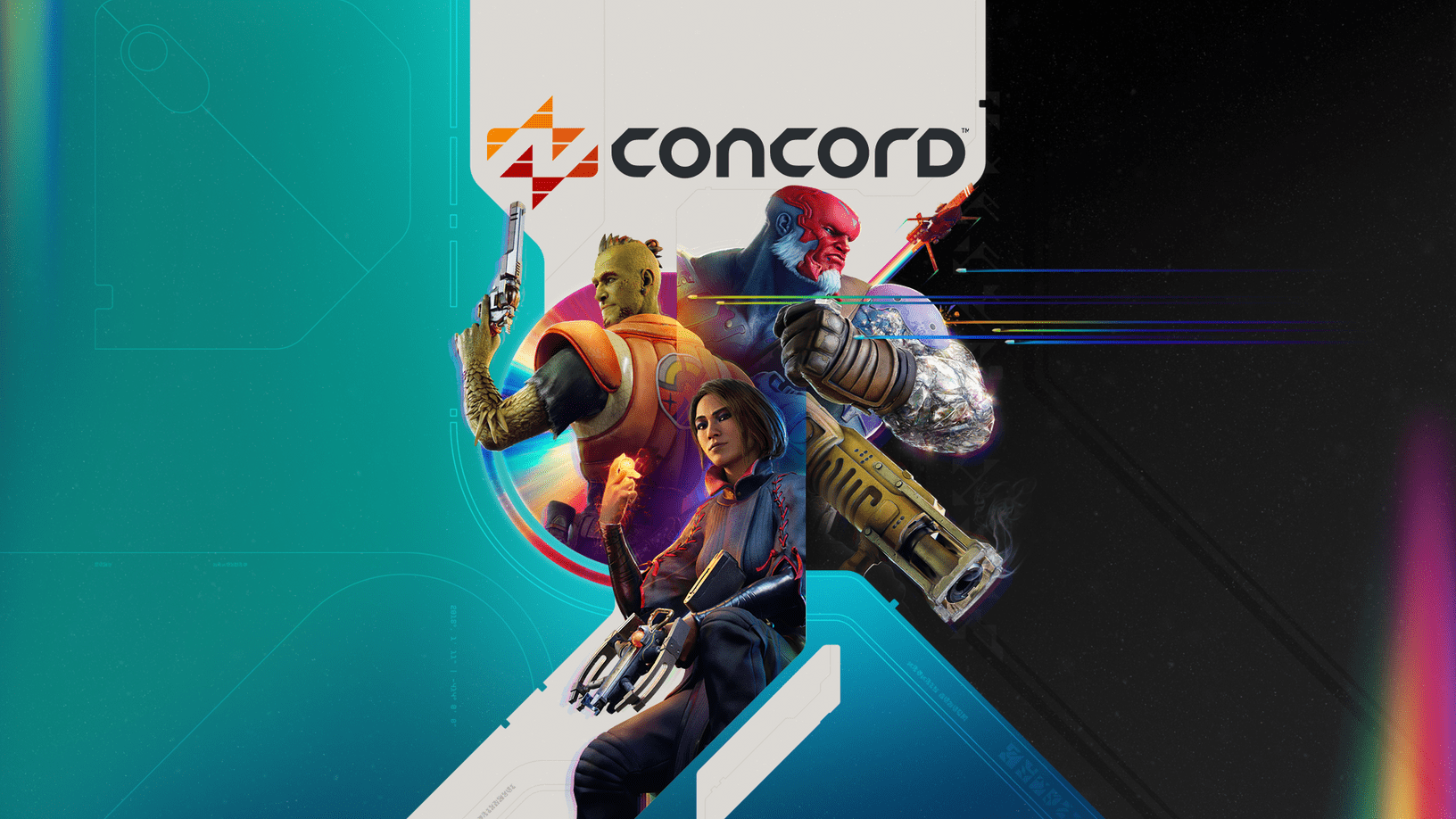 Concord Key Visual where four of the main characters pose with their guns