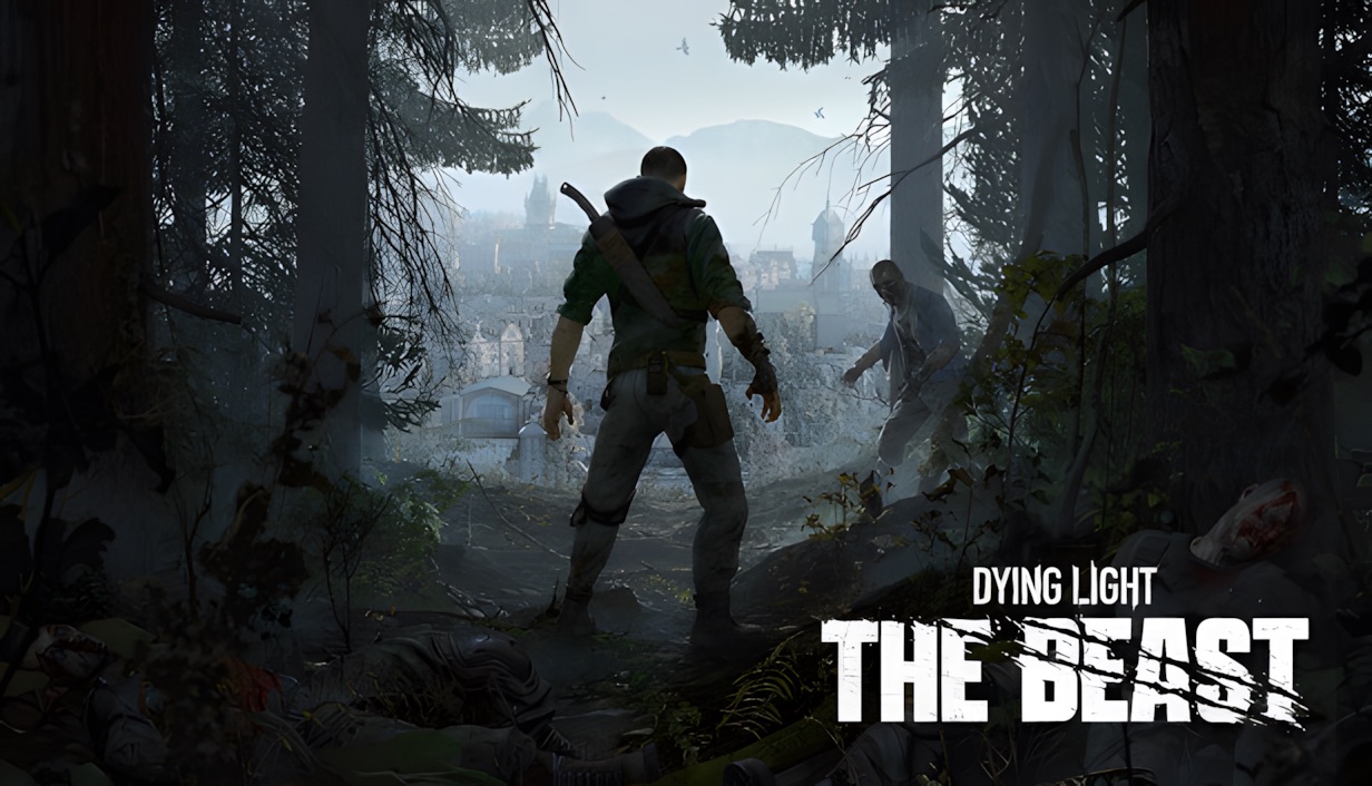 Dying Light The Beast key visual. A main character stands in the middle of a forest road overlooking a presumably devastated town