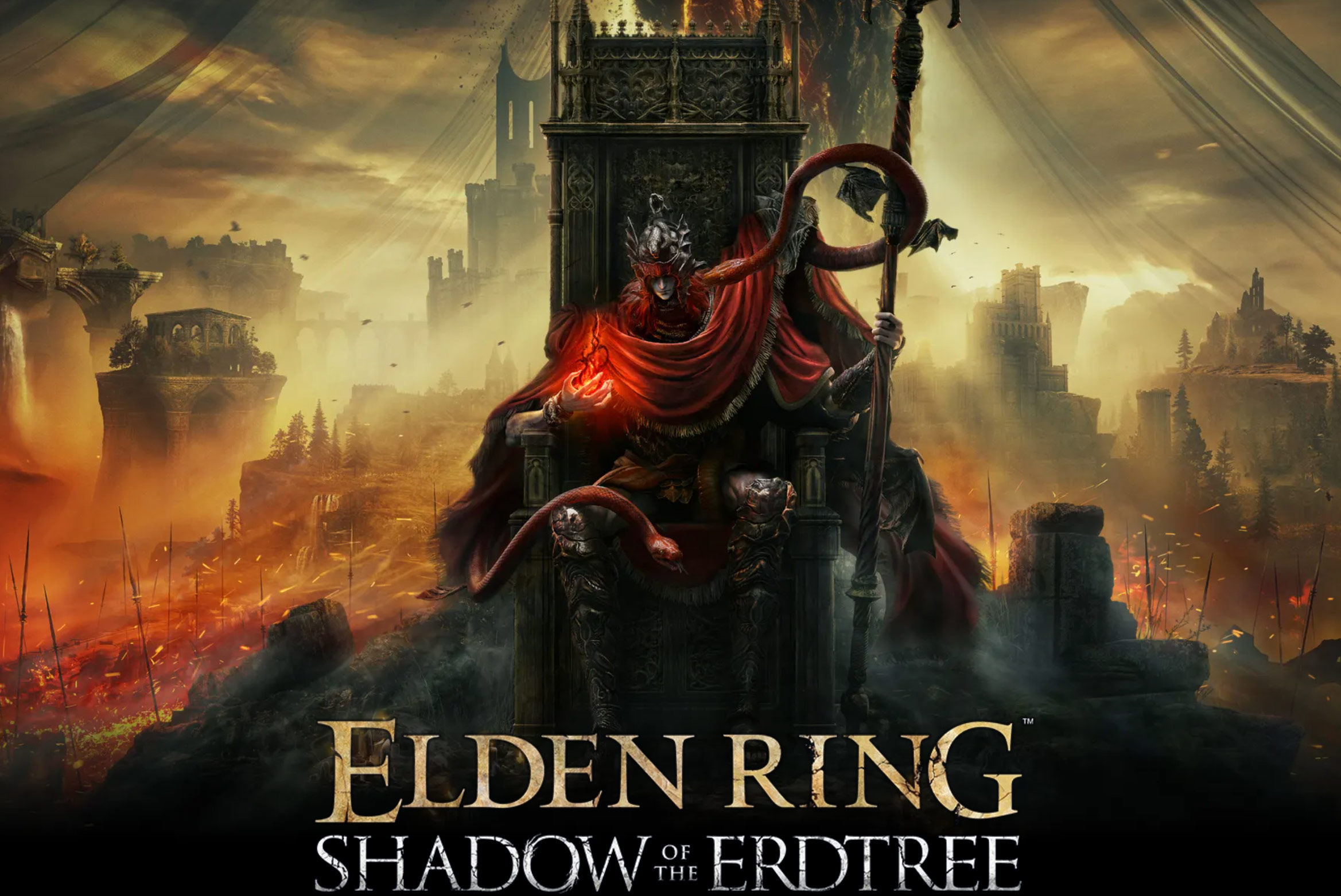 Shadow of The Erdtree key visual showing the title a majestic throne with a shadowy figure dressed in red sitting on it holding a scepter and a fiery entity. Two snakes come out from under its garments. 