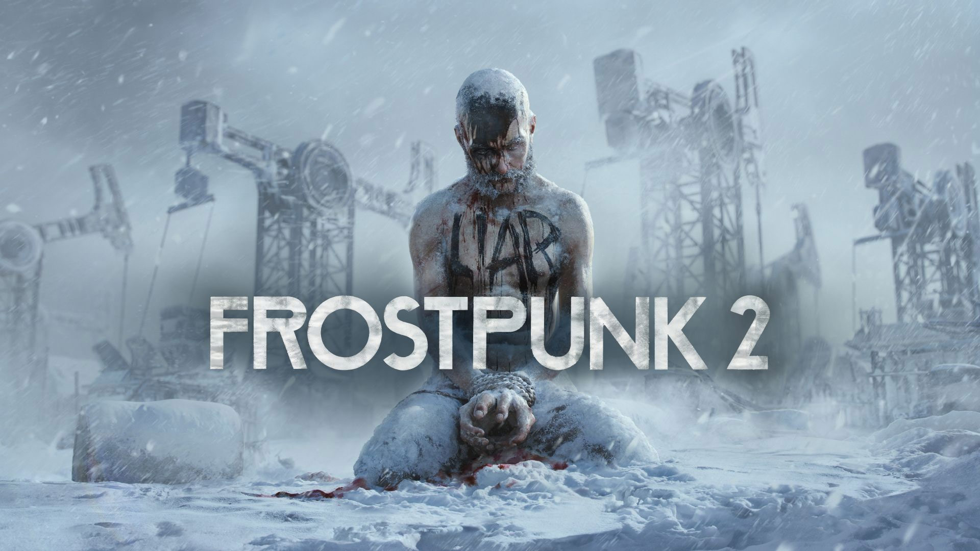 Frostpunk key visual with a man with his hands tied, shirtless, frozen in the snow with the words LIAR 