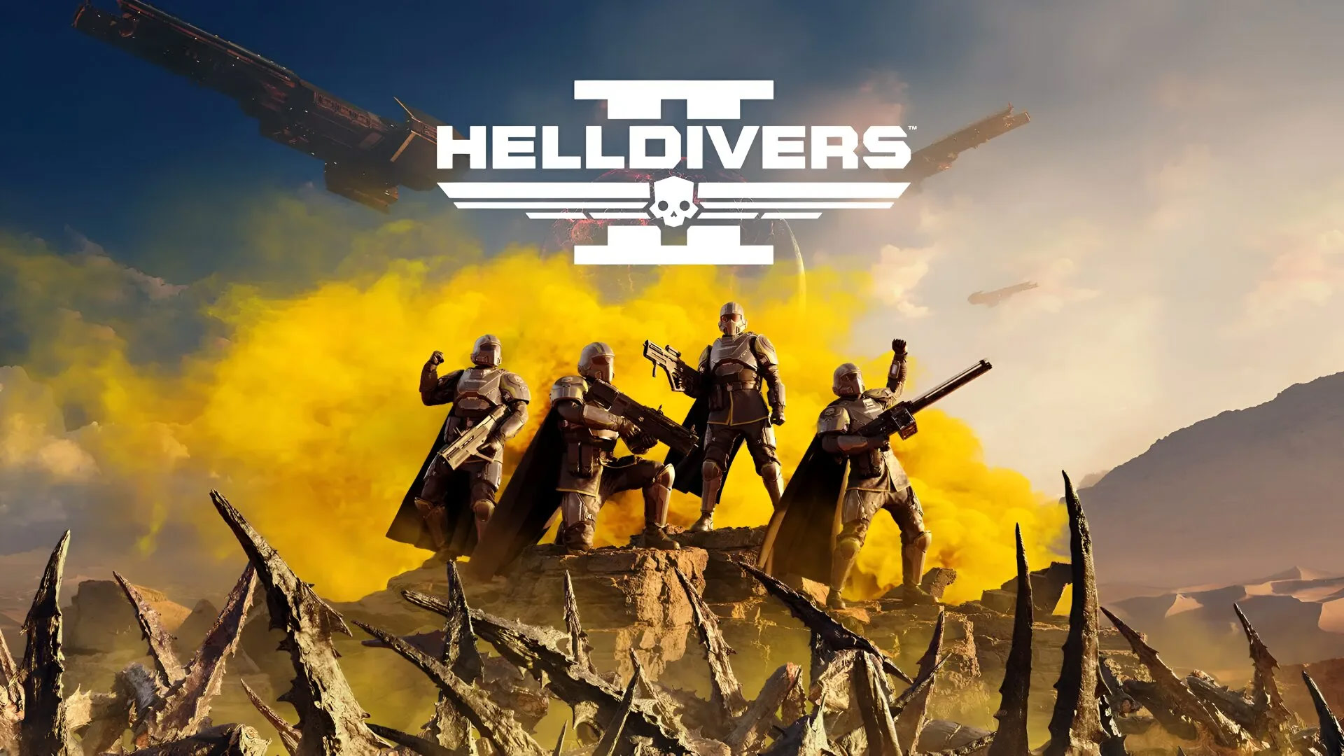 Helldivers 2 characters standing with guns and the big yellow logo is looming over their heads