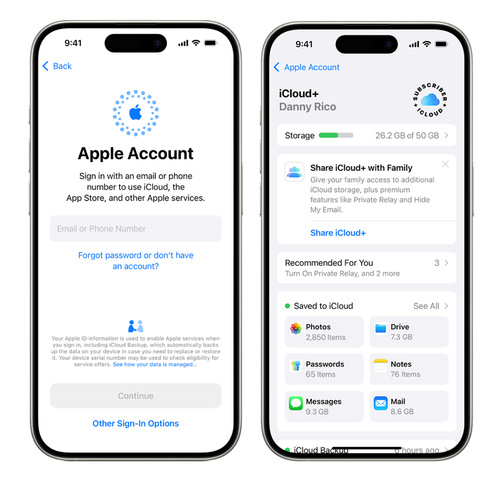 iOS 18 Apple Account & iCloud Setup Screens
