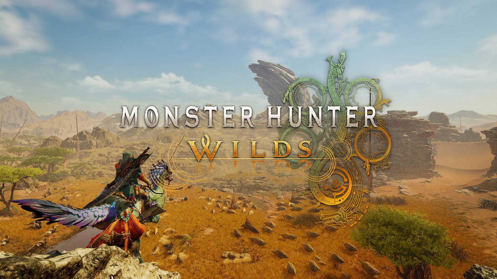 Monster Hunter Wilds key visual with characters overlooking a valley 