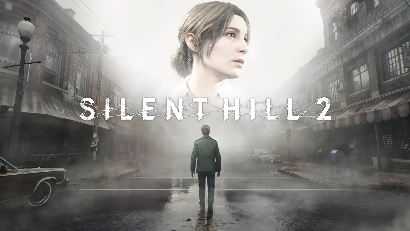 Silent Hil 2 Key Visuals with the logo in the middle, Maria's face at the top and james holding a gun at the bottom with the city as backdrop