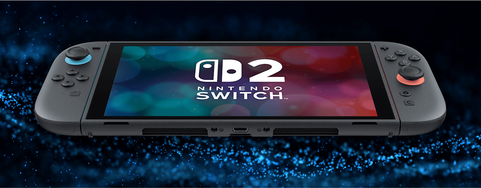 A Nintendo Switch 2 with graphics around it