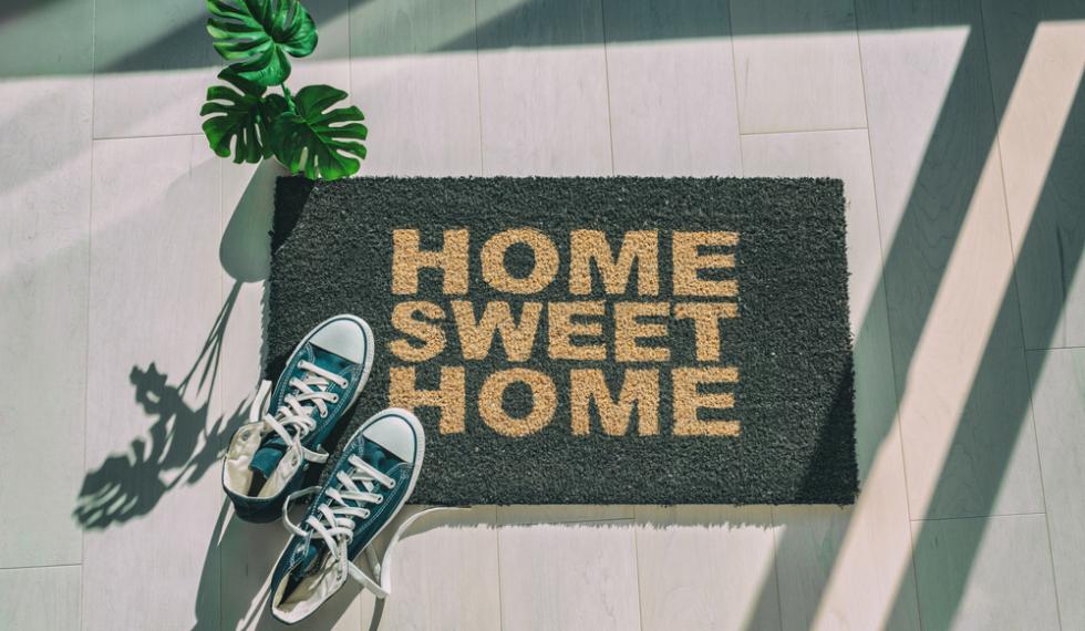 Home,Sweet,Home,Doormat,At,House,Entrance,With,Sneakers.,New