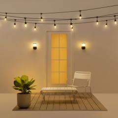 A bench, a door and a succulent inf front of a door with twinkle lights hanging from above
