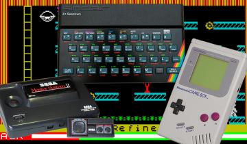 A Sega Master Systen, a ZX Spectrum and a Game Boy chilling in front of Manic Miner