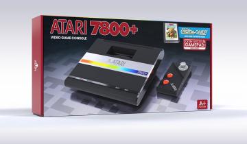 The box of Atari 7800+ with red sides, photos of the console and controllers. 