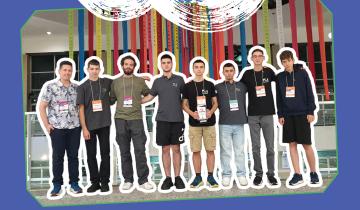 A team of young kids with lanyards, contenstants in Plaisio Bots