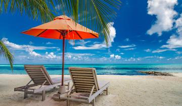 Beautiful,Tropical,Island,Scenery,,Two,Sun,Beds,,Loungers,,Umbrella,Under